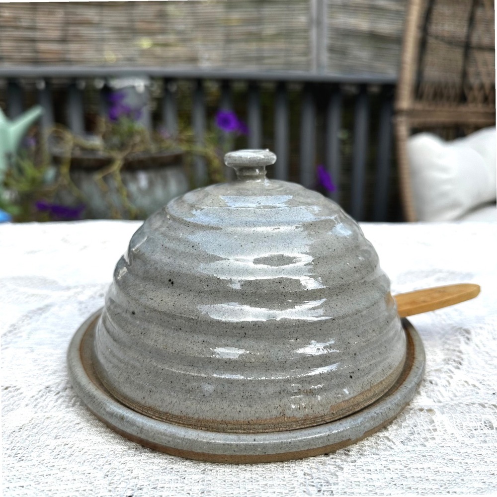 Studio Pottery Beehive Butter Dish Grey Speckled Stoneware with Wood Spreader
